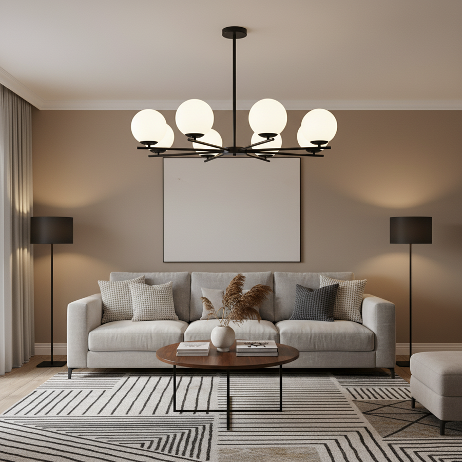 Lampadario classico NUUK, 93x57 cm, 8xE27, metallo e plastica, nero