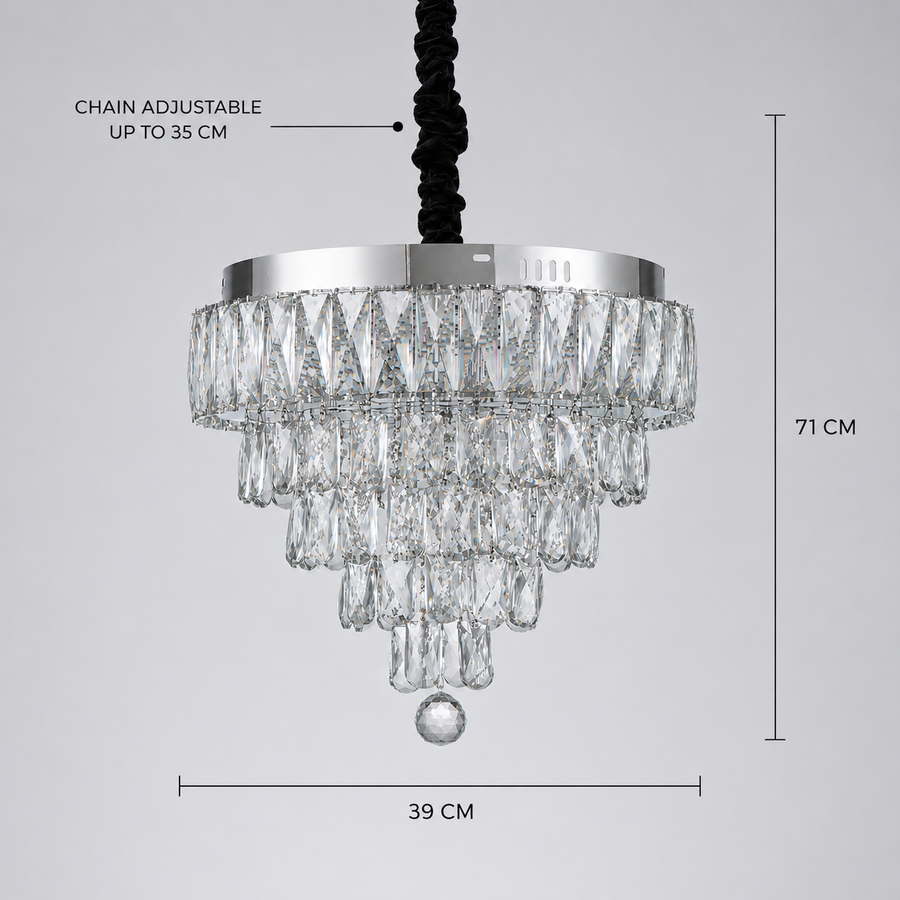 RIGO Lampadario LED Crystal con telecomando Nobile Diametro 39cm, Cromo Lucido, Altezza Regolabile, Metallo e Cristallo