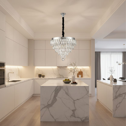 RIGO Lampadario LED Crystal con telecomando Nobile Diametro 39cm, Cromo Lucido, Altezza Regolabile, Metallo e Cristallo
