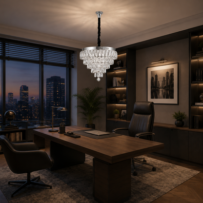 RIGO Lampadario LED Crystal con telecomando Nobile Diametro 39cm, Cromo Lucido, Altezza Regolabile, Metallo e Cristallo