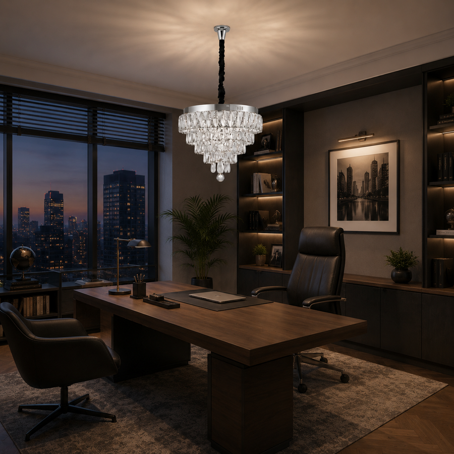RIGO Lampadario LED Crystal con telecomando Nobile Diametro 39cm, Cromo Lucido, Altezza Regolabile, Metallo e Cristallo