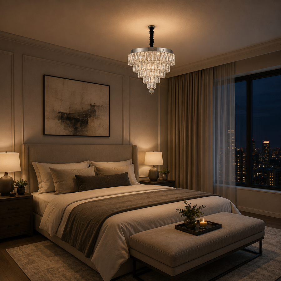 Lampadario LED cristallo con telecomando RIGO Eleganza Diametro 48cm, Cromo Lucido, Altezza Regolabile, Metallo e Cristallo