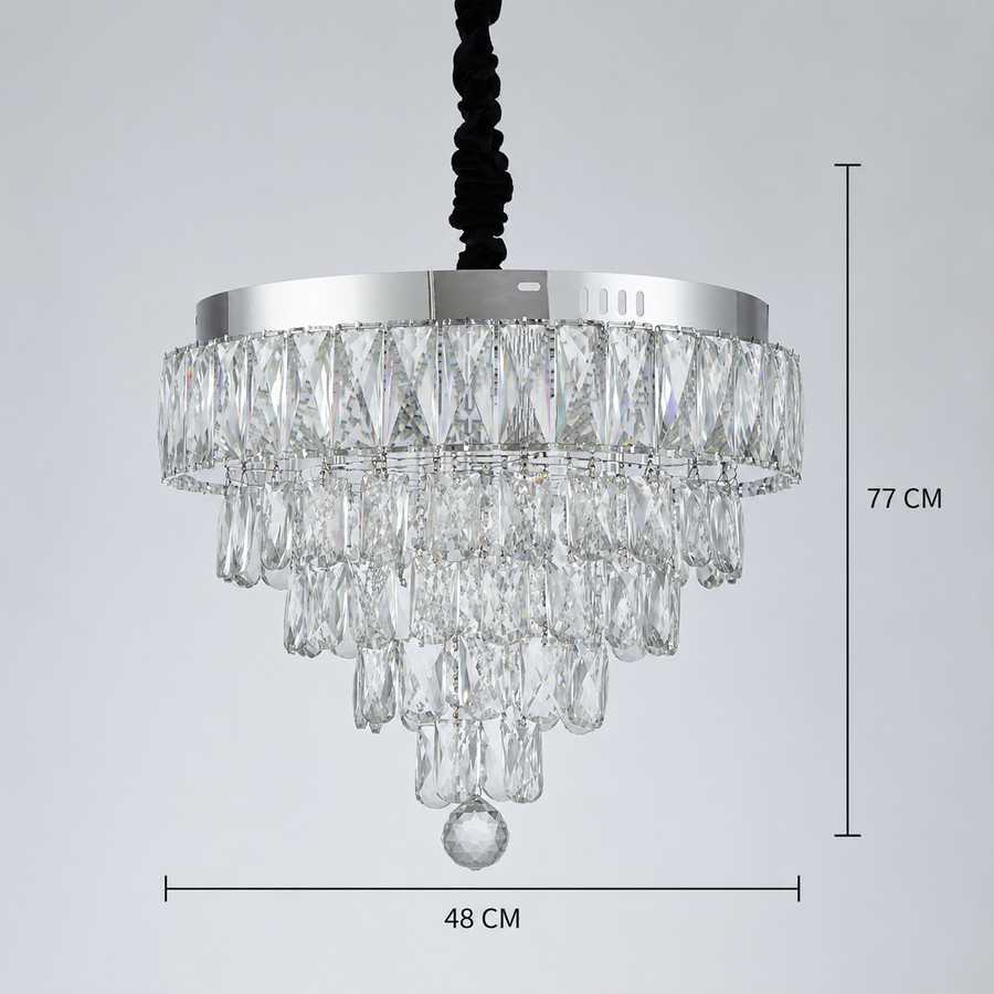 Lampadario LED cristallo con telecomando RIGO Eleganza Diametro 48cm, Cromo Lucido, Altezza Regolabile, Metallo e Cristallo