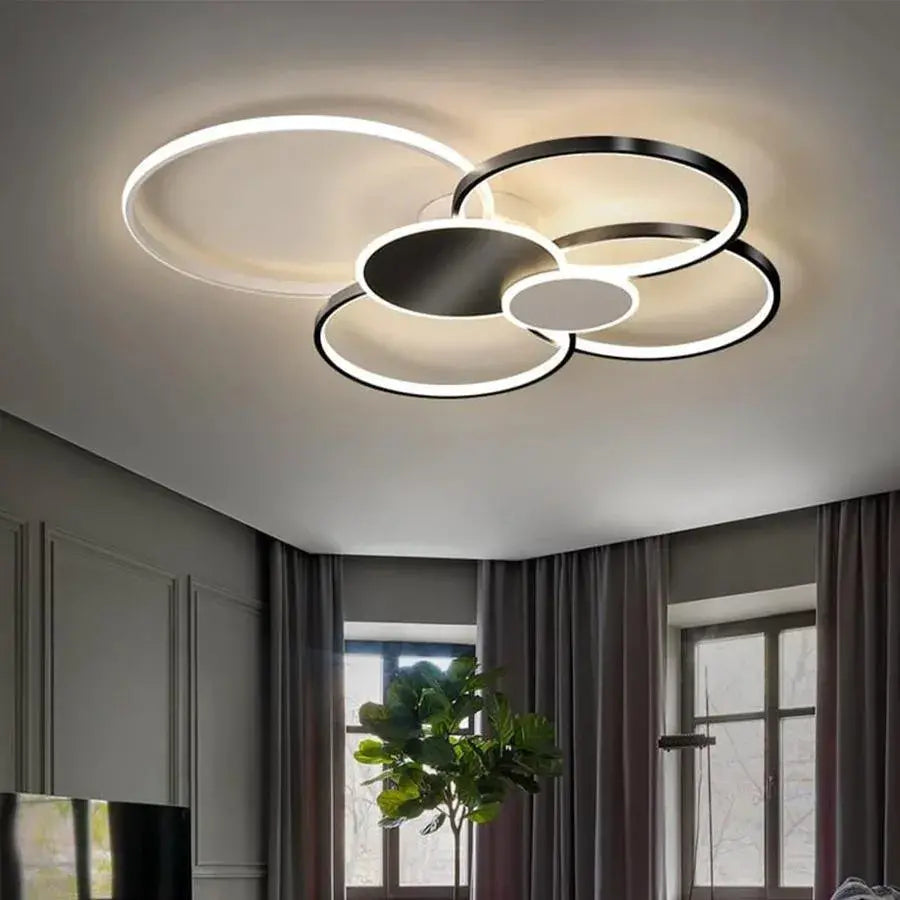 Lampadario LED con Telecomando, KILLIAN, 74W, 6 Cerchi, Luce Fredda/Calda/Neutra 3000K/4000K/6000K, Dimmerabile, Bianco e Nero, Lampadari LED in Metallo e Acrilico con Telecomando Titolo predefinito Alessandro Design