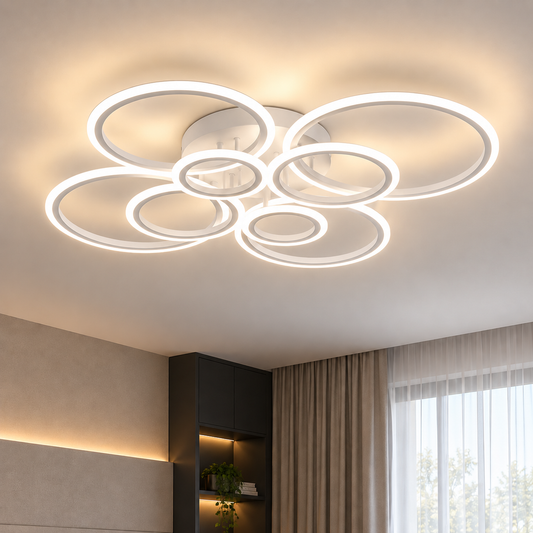 Lampadario LED con telecomando BETTY 127W, 8 Cerchi, Luce Fredda/Calda/Neutra, Dimmerabile, Bianco