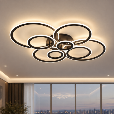 Lampadario LED con telecomando BETTY 127W, 8 Cerchi, Luce Fredda/Calda/Neutra, Dimmerabile, Nero