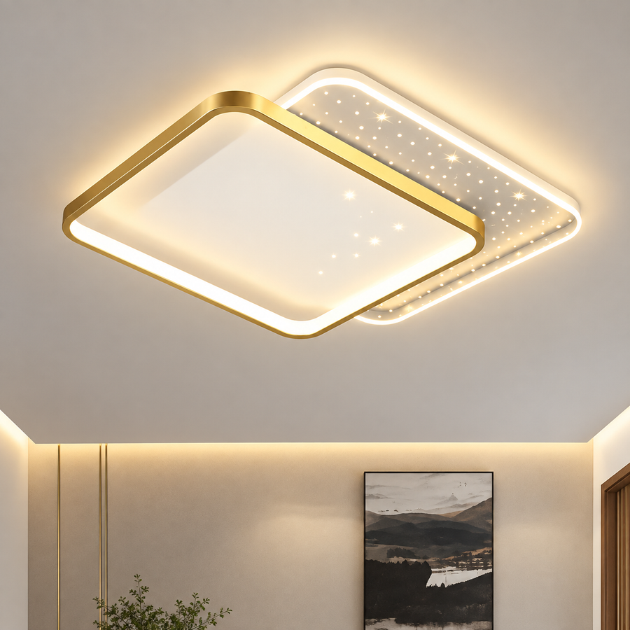 Lustra LED cu telecomanda GILDRA 48W, 2 Patrate, lumina Rece/Calda/Neutra, Dimabila, Auriu