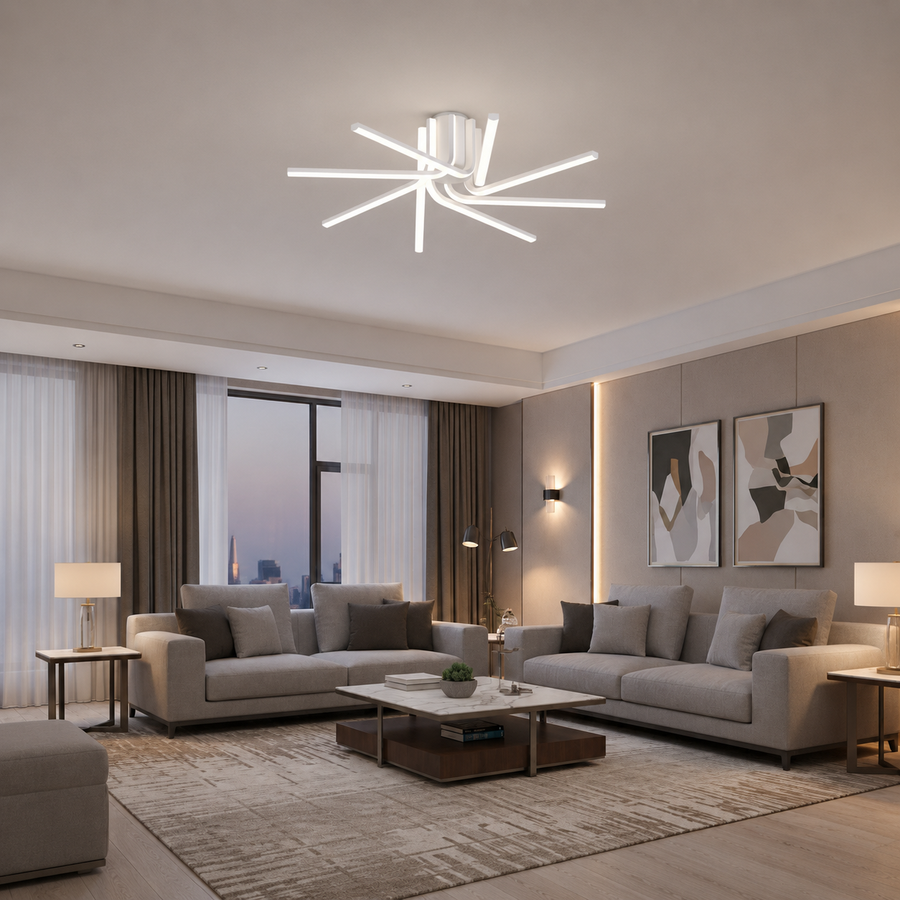 Lampadario LED con telecomando IBANE, 8 sorgenti, 3000K/4000K/6000K, 144W, Metallo e Silicone, Bianco