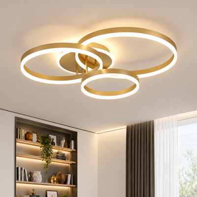 Lampadario LED con telecomando RIGA LILITH 68W, 3 Cerchi, Luce Fredda/Calda/Neutra, Dimmerabile, Oro Lucido