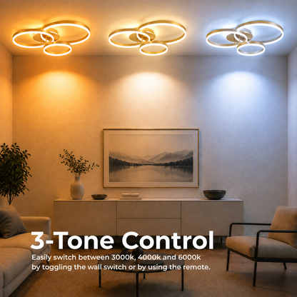 Lampadario LED con telecomando RIGA LILITH 68W, 3 Cerchi, Luce Fredda/Calda/Neutra, Dimmerabile, Oro Lucido