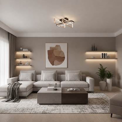 TRANBERG Lampadario LED con telecomando, 3 sorgenti (1 nera+2 oro), 3000K/4000K/6000K, 144W, Metallo e Plastica, Nero