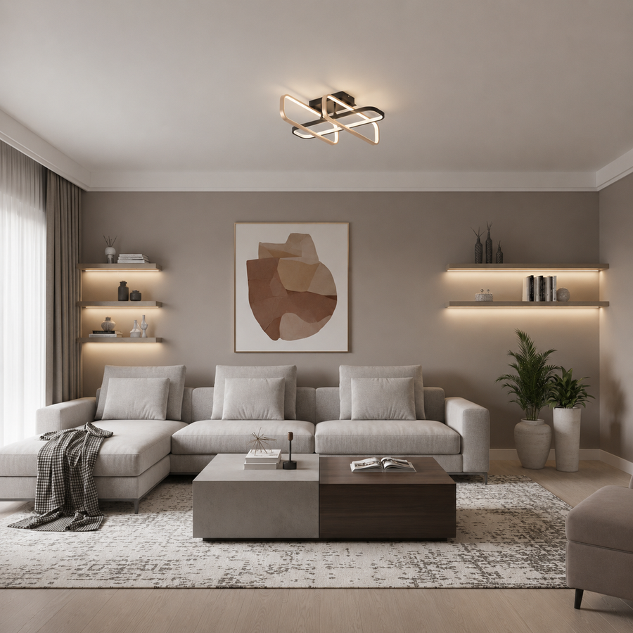 TRANBERG Lampadario LED con telecomando, 3 sorgenti (1 nera+2 oro), 3000K/4000K/6000K, 144W, Metallo e Plastica, Nero