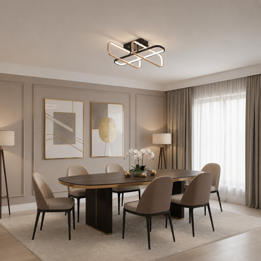 TRANBERG Lampadario LED con telecomando, 3 sorgenti (1 nera+2 oro), 3000K/4000K/6000K, 144W, Metallo e Plastica, Nero