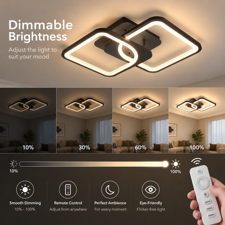 Lampadario LED con telecomando ZOE 41W, 2 Quadrati, Luce Fredda/Calda/Neutra, Dimmerabile, Nero