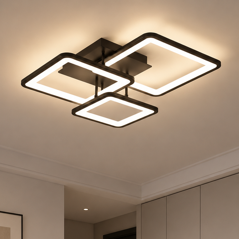Lampadario LED con telecomando ZOE 60W, 3 Quadrati, Luce Fredda/Calda/Neutra, Dimmerabile, Nero, Metallo e Acrilico