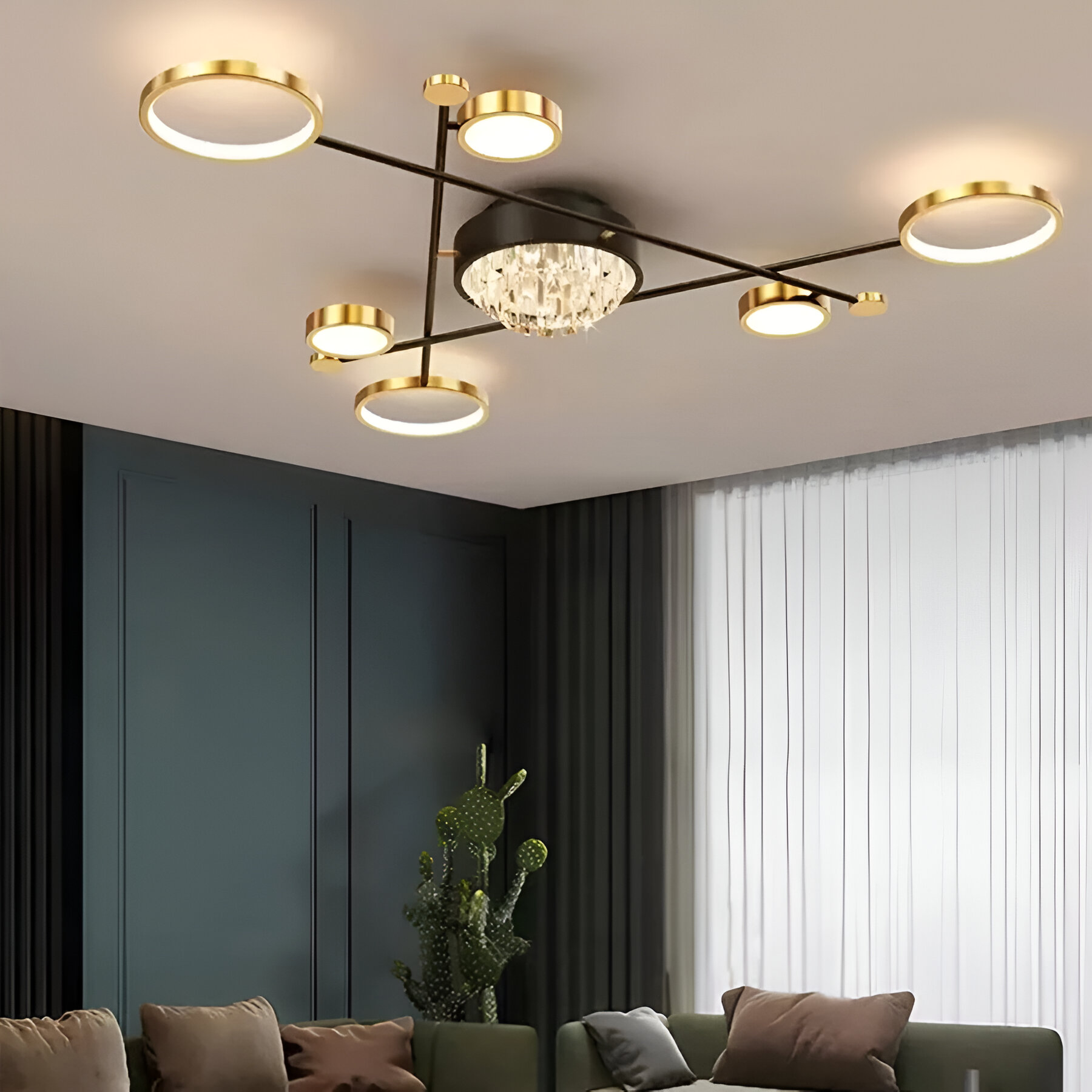 Lampadario LED con telecomando e cristallo GUIDA 38W, 6 Elementi, Luce Fredda/Calda/Neutra, Dimmerabile, Lampadari LED Nero Oro con Telecomando Titolo predefinito Alessandro Design