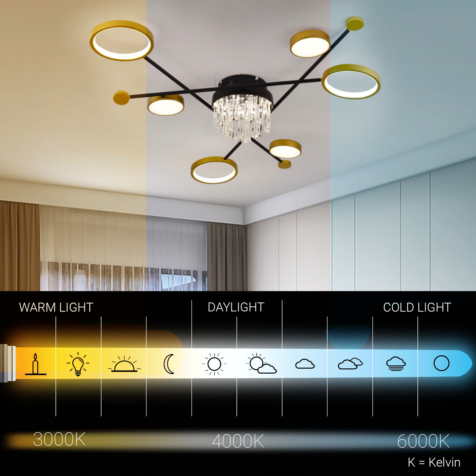Lampadario LED con telecomando e cristallo GUIDA 38W, 6 Elementi, Luce Fredda/Calda/Neutra, Dimmerabile, Lampadari LED Nero Oro con Telecomando Titolo predefinito Alessandro Design
