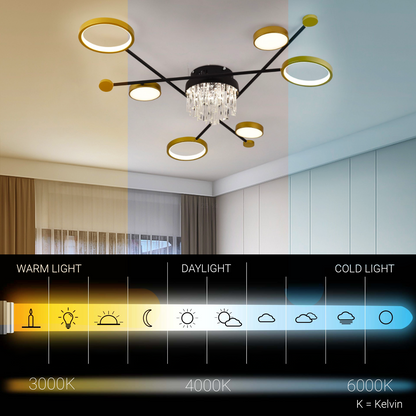 Lampadario LED con telecomando e cristallo GUIDA 38W, 6 Elementi, Luce Fredda/Calda/Neutra, Dimmerabile, Lampadari LED Nero Oro con Telecomando Titolo predefinito Alessandro Design