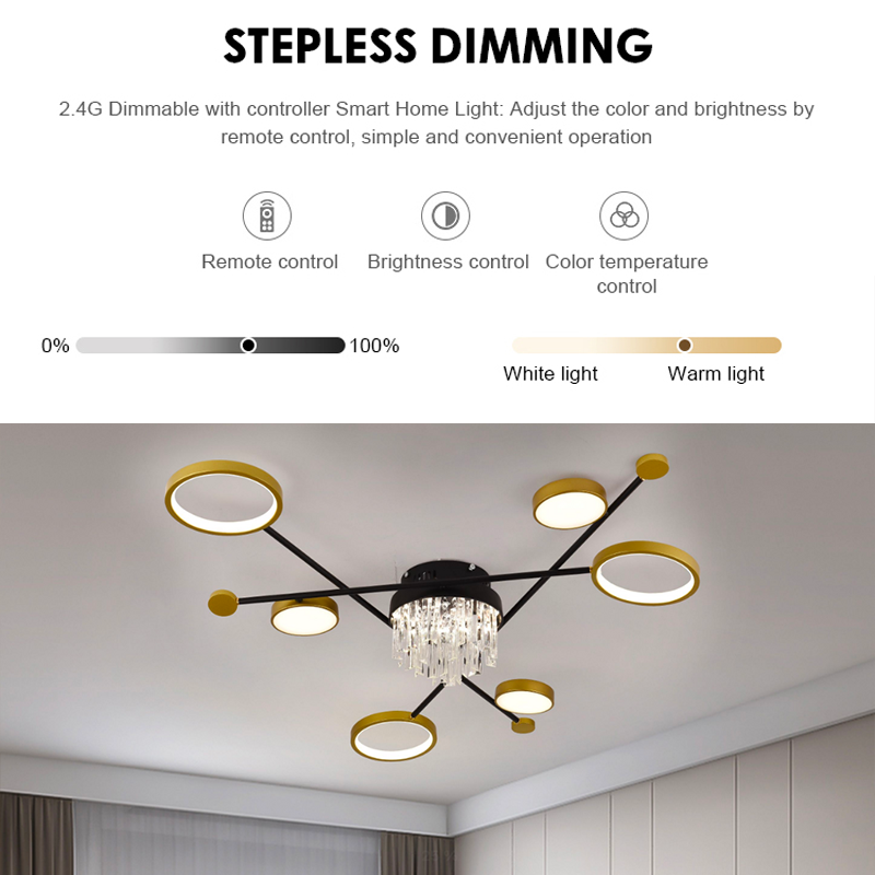 Lampadario LED con telecomando e cristallo GUIDA 38W, 6 Elementi, Luce Fredda/Calda/Neutra, Dimmerabile, Lampadari LED Nero Oro con Telecomando Titolo predefinito Alessandro Design