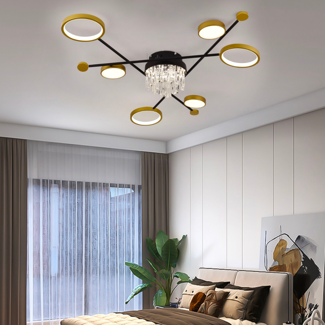 Lampadario LED con telecomando e cristallo GUIDA 38W, 6 Elementi, Luce Fredda/Calda/Neutra, Dimmerabile, Lampadari LED Nero Oro con Telecomando Titolo predefinito Alessandro Design