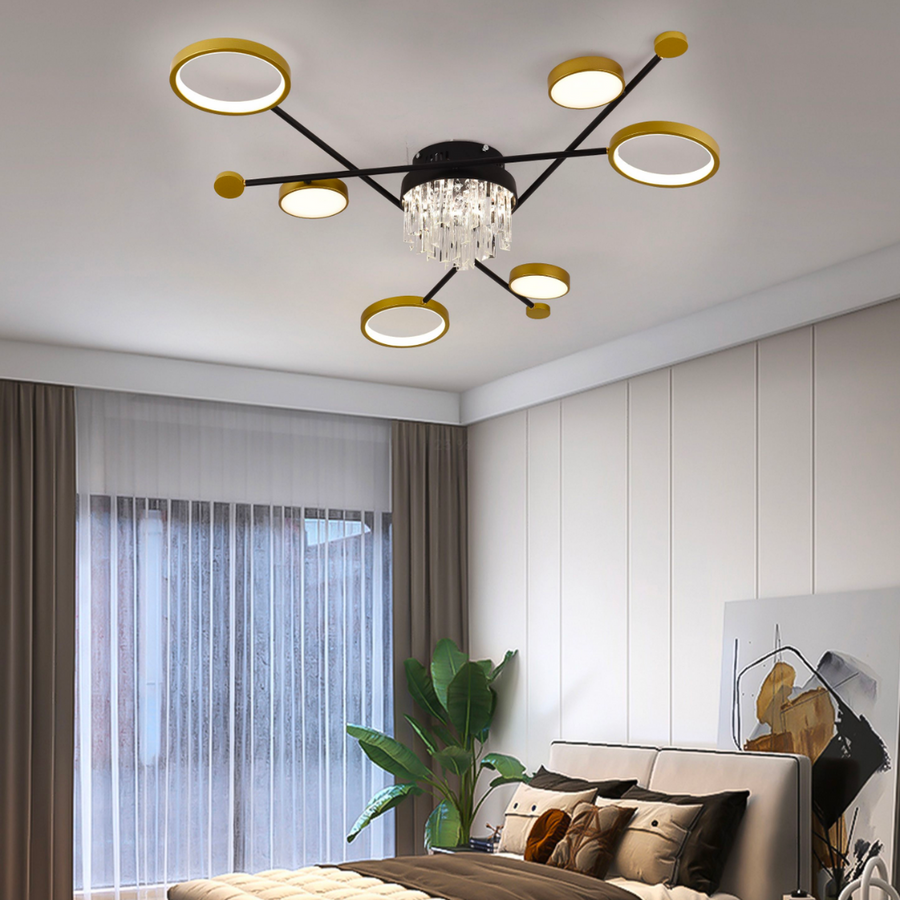 Lampadario LED con telecomando e cristallo GUIDA 38W, 6 Elementi, Luce Fredda/Calda/Neutra, Dimmerabile, Lampadari LED Nero Oro con Telecomando Titolo predefinito Alessandro Design