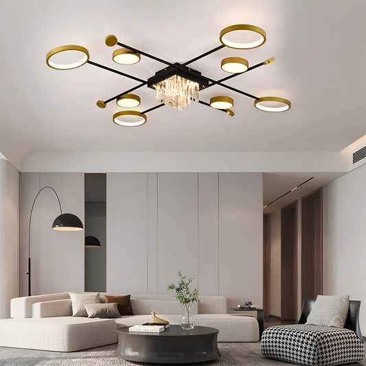 Lampadario LED con telecomando e cristallo GUIDA 48W, 8 Elementi, Luce Fredda/Calda/Neutra, Dimmerabile, Nero Oro