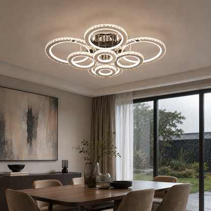 Lampadario LED con telecomando e cristallo NOVA ROTONDA RGB, 8 Cerchi, Luce Fredda/Calda/Neutra, Dimmerabile, Cromo Lucido