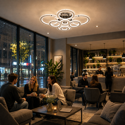 Lampadario LED con telecomando e cristallo NOVA ROTONDA RGB, 8 Cerchi, Luce Fredda/Calda/Neutra, Dimmerabile, Cromo Lucido