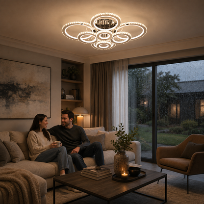 Lampadario LED con telecomando e cristallo NOVA ROTONDA RGB, 8 Cerchi, Luce Fredda/Calda/Neutra, Dimmerabile, Cromo Lucido