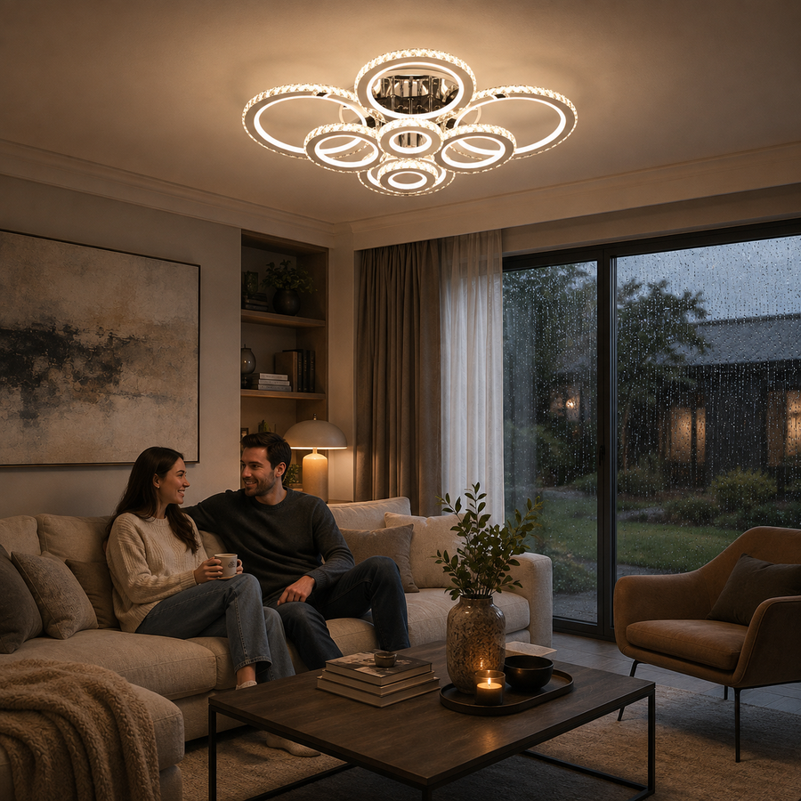 Lampadario LED con telecomando e cristallo NOVA ROTONDA RGB, 8 Cerchi, Luce Fredda/Calda/Neutra, Dimmerabile, Cromo Lucido