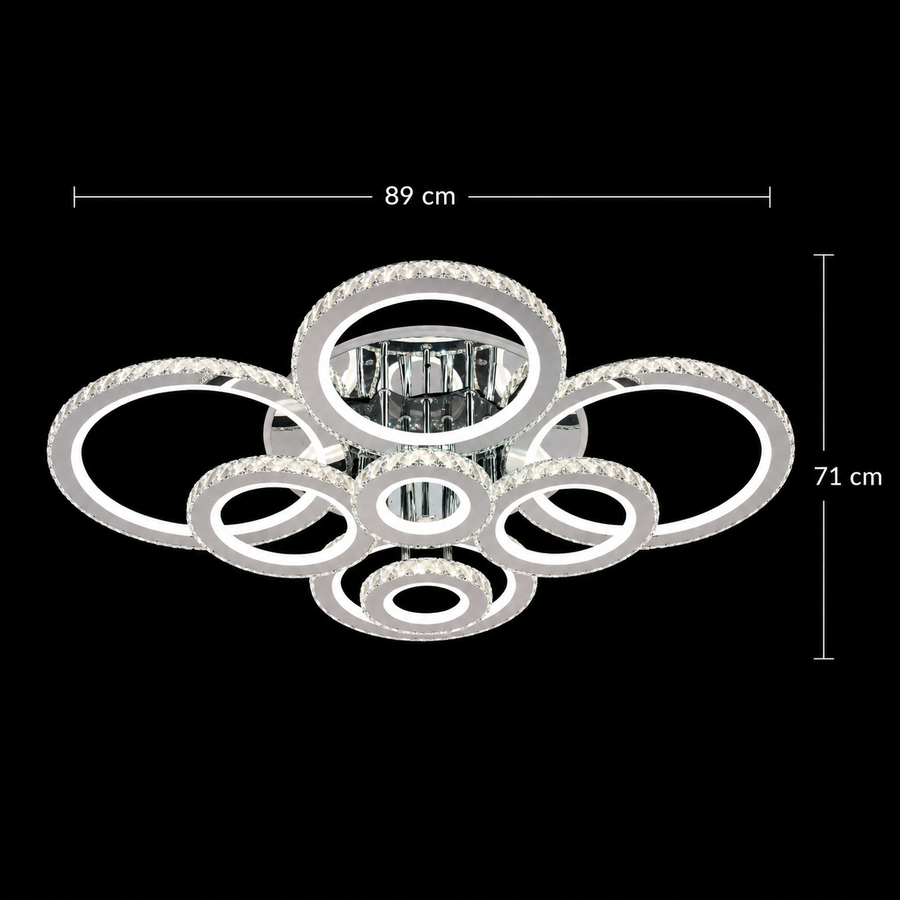 Lampadario LED con telecomando e cristallo NOVA ROTONDA RGB, 8 Cerchi, Luce Fredda/Calda/Neutra, Dimmerabile, Cromo Lucido