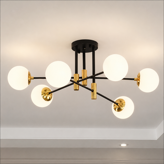 Lampadario rotondo a globo bianco, PENTHOUSE Lounge, 6xE27, nero / oro, metallo