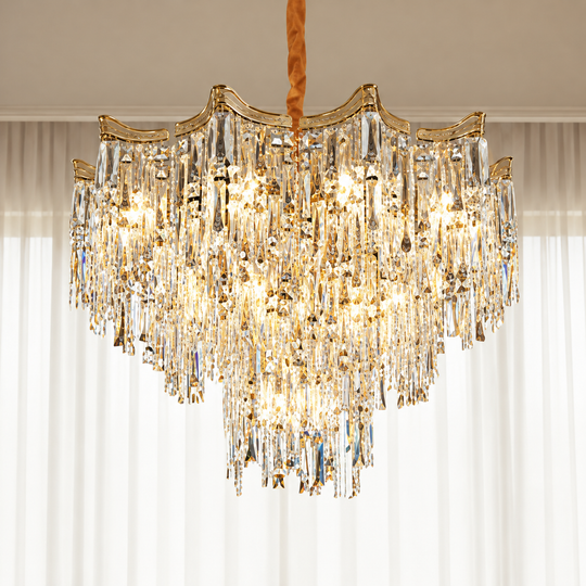 Candelabru Cristal VETRA Eleganza 9xE14, D50 cm, Auriu, Inaltime Reglabila, Metal si Cristal
