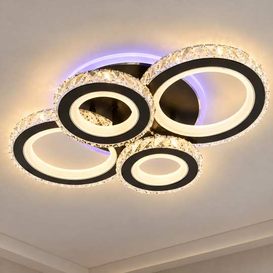 Lustra LED cu telecomanda si cristal NOVA ROTONDA RGB 82W, 4 Cercuri, lumina Rece/Calda/Neutra, Dimabila, Negru