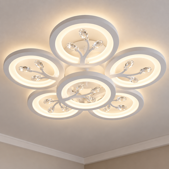 Lampadario LED con telecomando e cristallo DAISY 78W, 6 Elementi, Luce Fredda/Calda/Neutra, Dimmerabile, Bianco