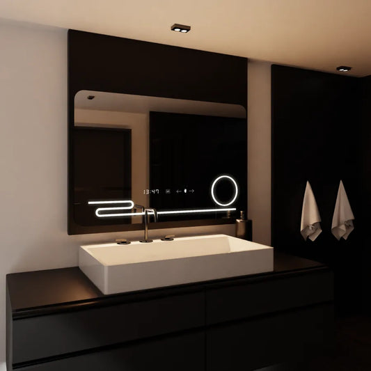 Specchio rettangolare a LED, 100x60 cm, Harmonie MotionGlow Marcello, sistema antiappannamento, orologio e termometro, lente d'ingrandimento cosmetica, specchi Marcello dimmerabili Titolo predefinito Alessandro Design