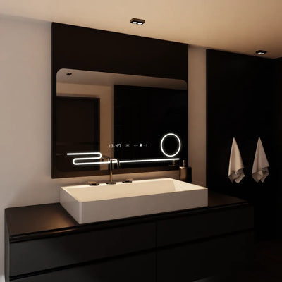 Specchio LED rettangolare, 120x80 cm, Harmonie MotionGlow Marcello, sistema antiappannamento, orologio e termometro, lente d'ingrandimento cosmetica, dimmerabile