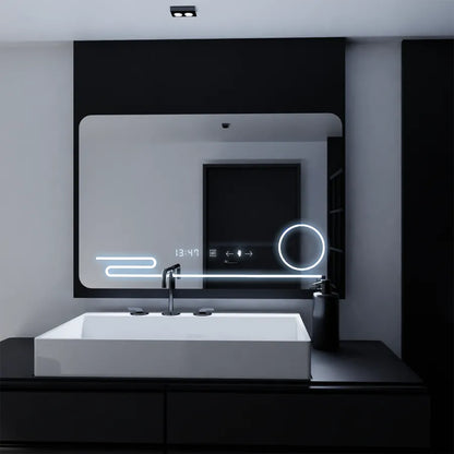 Specchio rettangolare a LED, 100x60 cm, Harmonie MotionGlow Marcello, sistema antiappannamento, orologio e termometro, lente d'ingrandimento cosmetica, specchi Marcello dimmerabili Titolo predefinito Alessandro Design