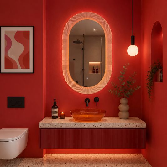 Specchio LED FISHMAN ovale, 55x110cm, cornice in Acrilico con effetto cangiante, Sensore, Luce 3000K, 4000K, 6000K, Sistema antiappannante, Acrilico, Funzioni Orologio e Temperatura