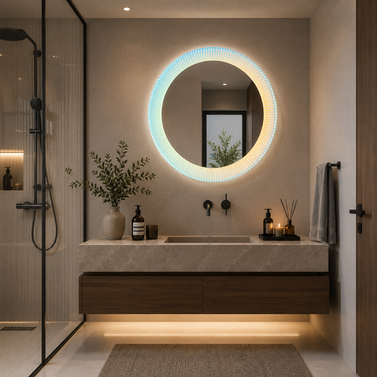 Specchio LED FISHMAN rotondo, 70 cm, cornice in acrilico con effetto cangiante, sensore, luce 3000K, 4000K, 6000K, sistema Demister, acrilico, funzioni orologio e temperatura