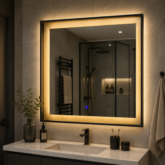 Specchio LED NUK, 70x70cm, 12W, Nero, Sensore, Luce 3000K, 4000K, 6000K, Sistema Demister, Metallo, Funzioni Orologio e Temperatura