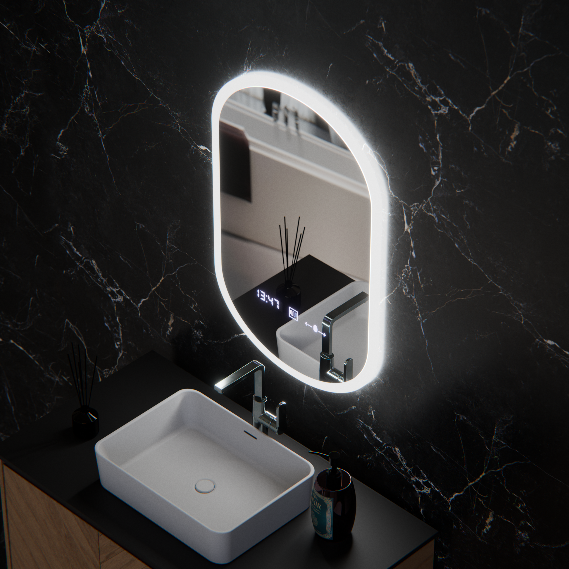 Specchio ovale a LED, 50x80 cm, sensore Lucia Marcello, sistema antiappannamento, orologio e termometro, Dimabila Marcello Mirrors Titolo predefinito Alessandro Design
