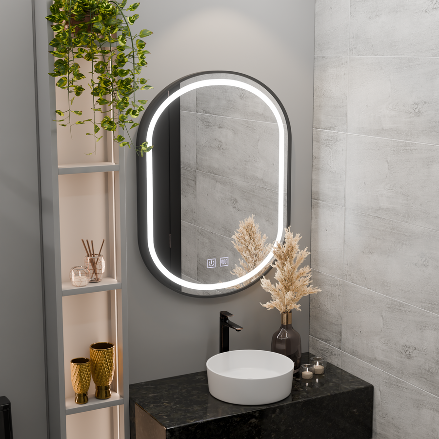 Specchio ovale a LED 60x80 cm VETRO Sistema antiappannamento dimmerabile touch, cornice nera Specchi Korman E Titolo predefinito Alessandro Design