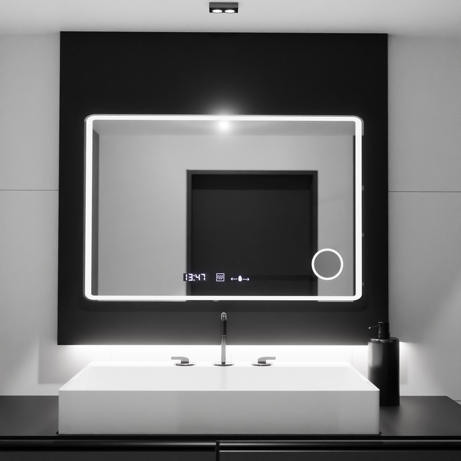 Specchio LED rettangolare 120x80 Aura Riflesso Puro MotionGlow Marcello, Sistema Disappannante, Termometro e Orologio, Specchi Dimmerabili Marcello Titolo predefinito Alessandro Design