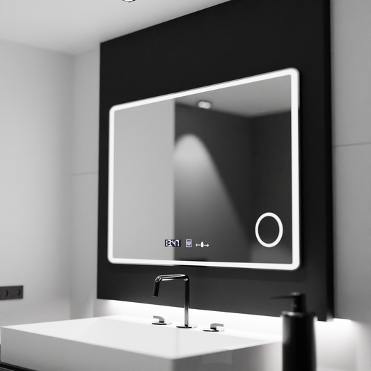 Specchio LED rettangolare 120x80 Aura Riflesso Puro MotionGlow Marcello, Sistema Disappannante, Termometro e Orologio, Specchi Dimmerabili Marcello Titolo predefinito Alessandro Design