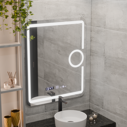 Specchio rettangolare a LED, 75x90 cm, Eclat MotionGlow Marcello, sistema antiappannante, orologio e termometro, lente d'ingrandimento cosmetica, specchi dimmerabili Marcello Titolo predefinito Alessandro Design