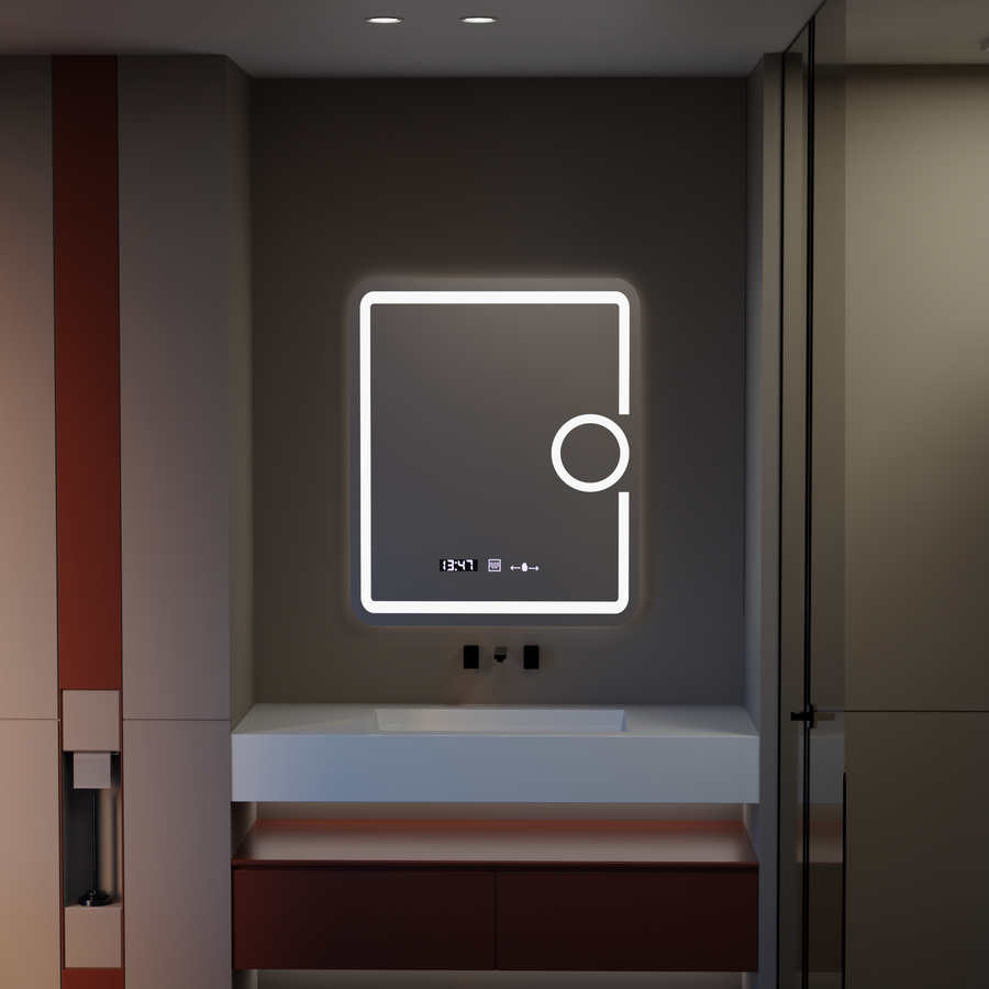 Specchio rettangolare a LED, 75x90 cm, Eclat MotionGlow Marcello, sistema antiappannante, orologio e termometro, lente d'ingrandimento cosmetica, specchi dimmerabili Marcello Titolo predefinito Alessandro Design