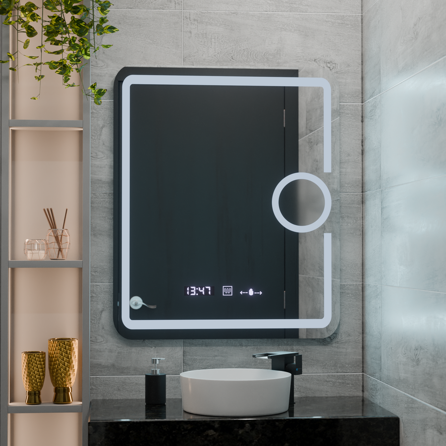 Specchio rettangolare a LED, 75x90 cm, Eclat MotionGlow Marcello, sistema antiappannante, orologio e termometro, lente d'ingrandimento cosmetica, specchi dimmerabili Marcello Titolo predefinito Alessandro Design