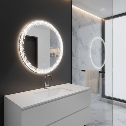 Nexos Specchio LED Rotondo, 60cm, 24W, Luce Calda/Fredda/Neutra, Sensore, Sistema Antiappannante, Orologio, Dimmerabile