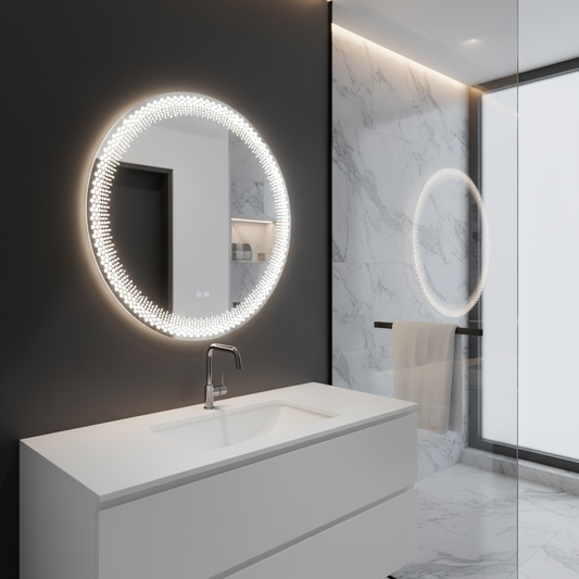 Nexos Specchio LED Rotondo, 60cm, 24W, Luce Calda/Fredda/Neutra, Sensore, Sistema Antiappannante, Orologio, Dimmerabile